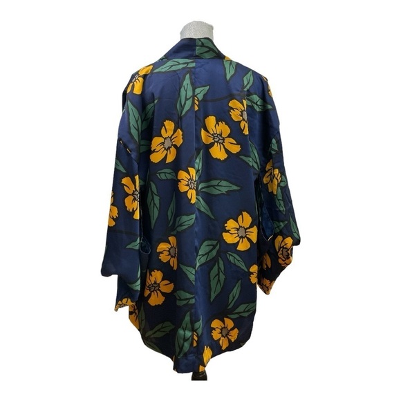 Forever 21 Cardigan Kimono Satin-like Lined Open Front Navy/Mustard Floral Sz: M - Picture 4 of 12